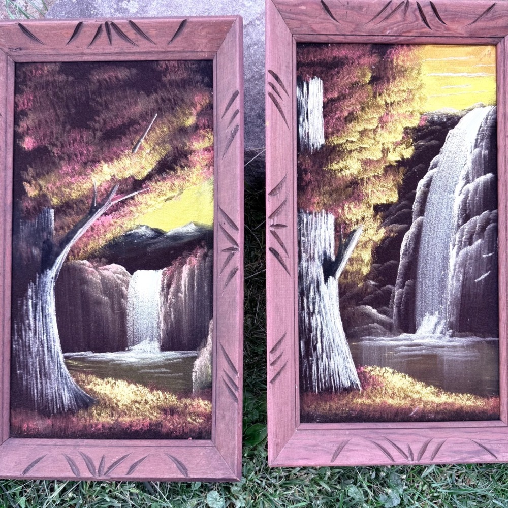 Vintage Black Velvet Waterfall Painting Set 2 Mexico Carved Wood Frames Art